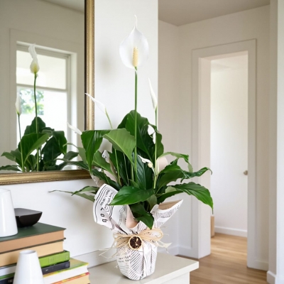 Gazete Desenli Buket Süslemeli Saksıda Spatifilyum