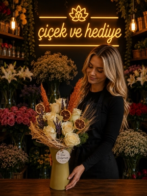 Zeytin Yeşili Cam Vazoda 7 Beyaz Gül ve Lavantalar