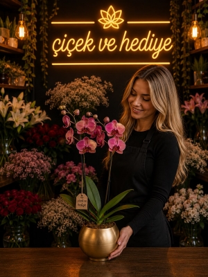 Altın Akvaryum Saksıda Ateş Kırmızı Çiftli Orkide