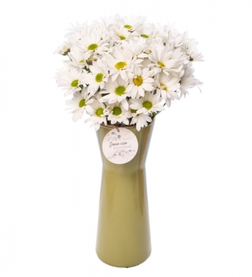 Zeytin Yeşili Cam Vazoda Beyaz Papatya Buketi Diyarbakır Yenişehir Çiçekçi